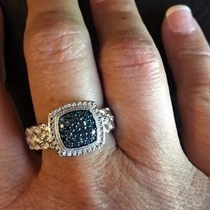 Sterling Silver Cushion Blue Genuine Diamond Ring